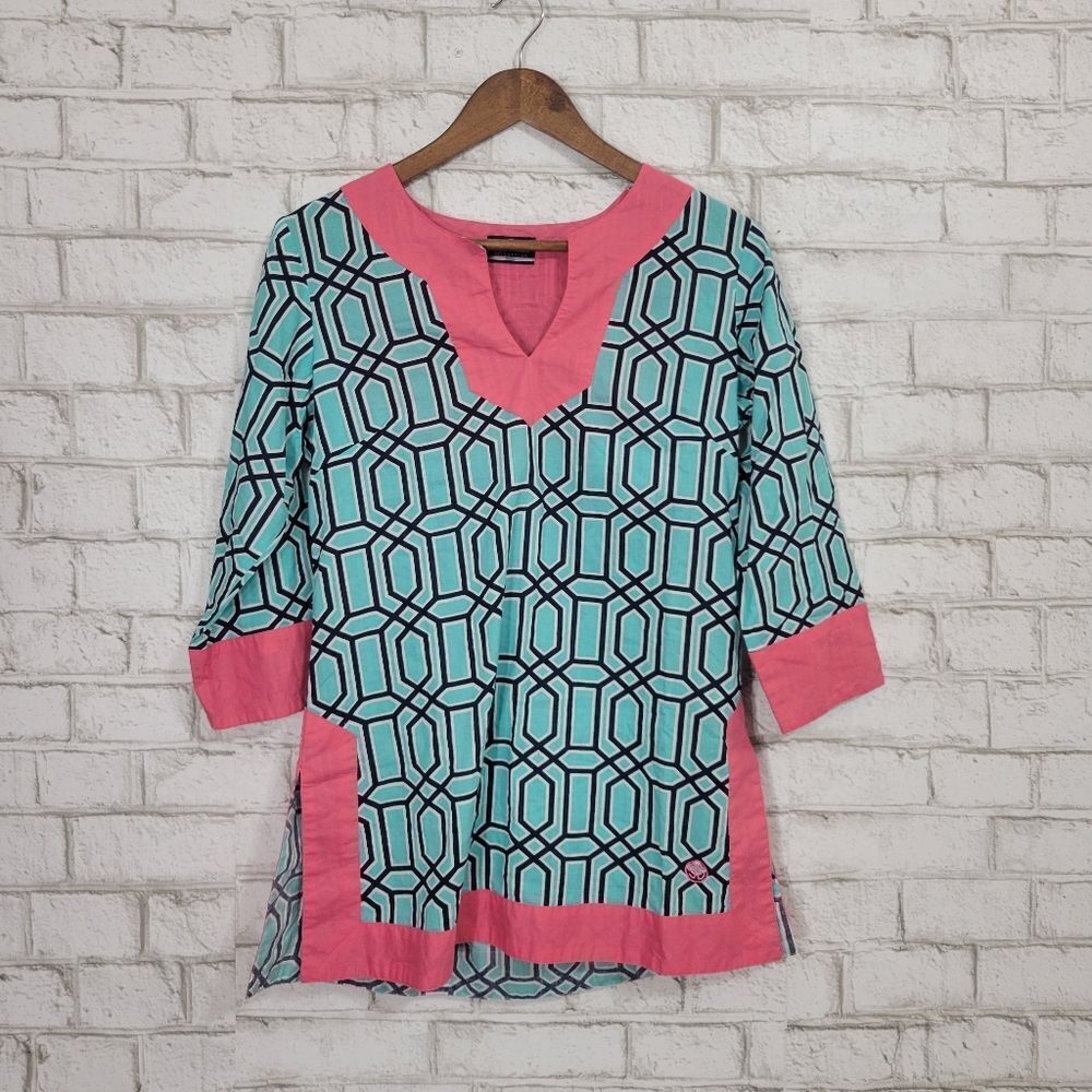 Simply Southern Aqua Geometric Long Sleeve Tunic with Pink Trim